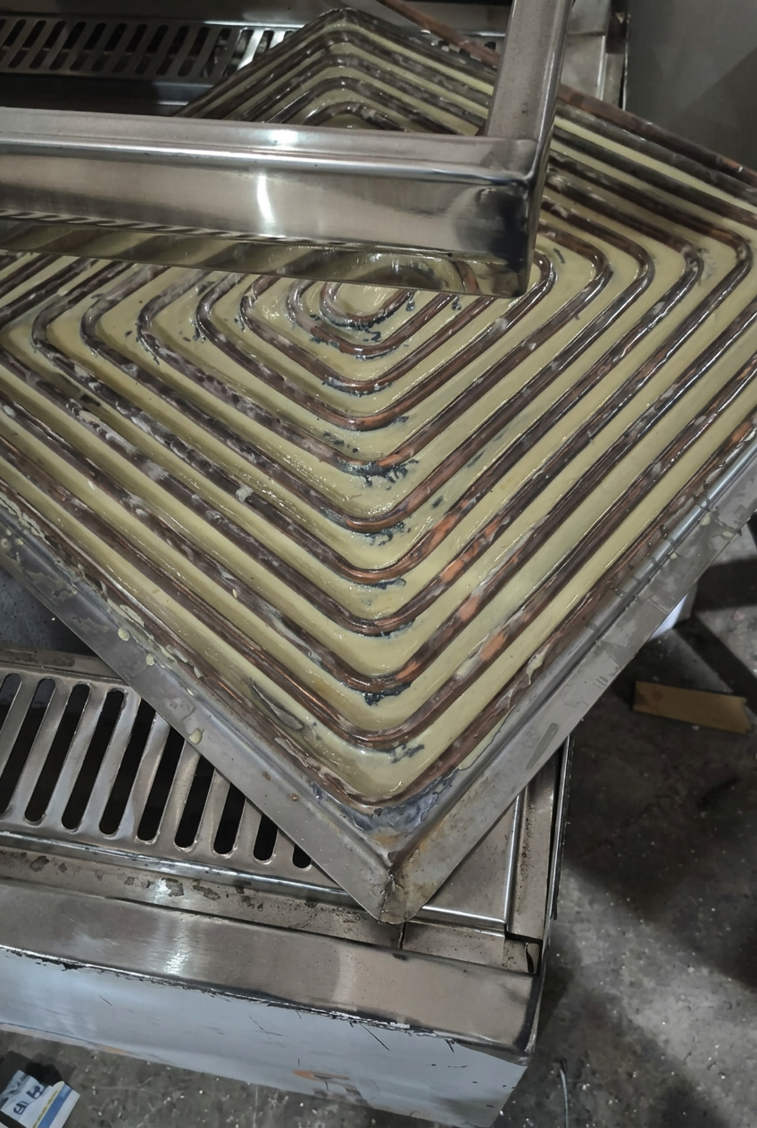 Ice cream roll machine with thermal paste bonded serpentine copper coils