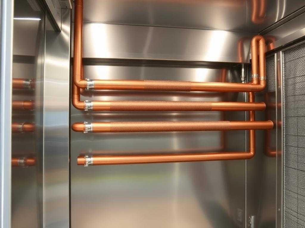 Copper pipes mounted in refrigeration unit
